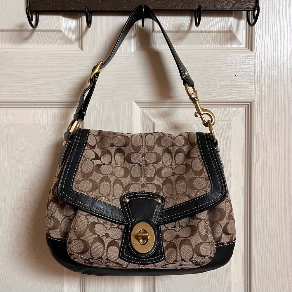 Authentic Coach Black and Brown Ali Legacy Signature Shoulder Bag/Purse